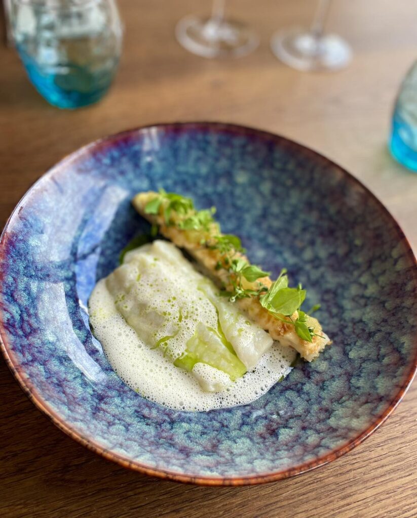 Gourmetret med skum og grønt på farvet tallerken